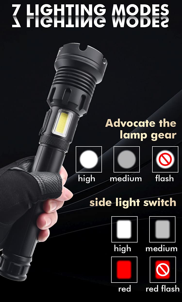 LED Rechargeable Tactical Laser Flashlight 70000 High Lumens Tactical Flashlight,P90 Brightest Flashlight with COB Sidelight,7 Modes,Powerful Emergency Waterproof Flashlight (with Battery)