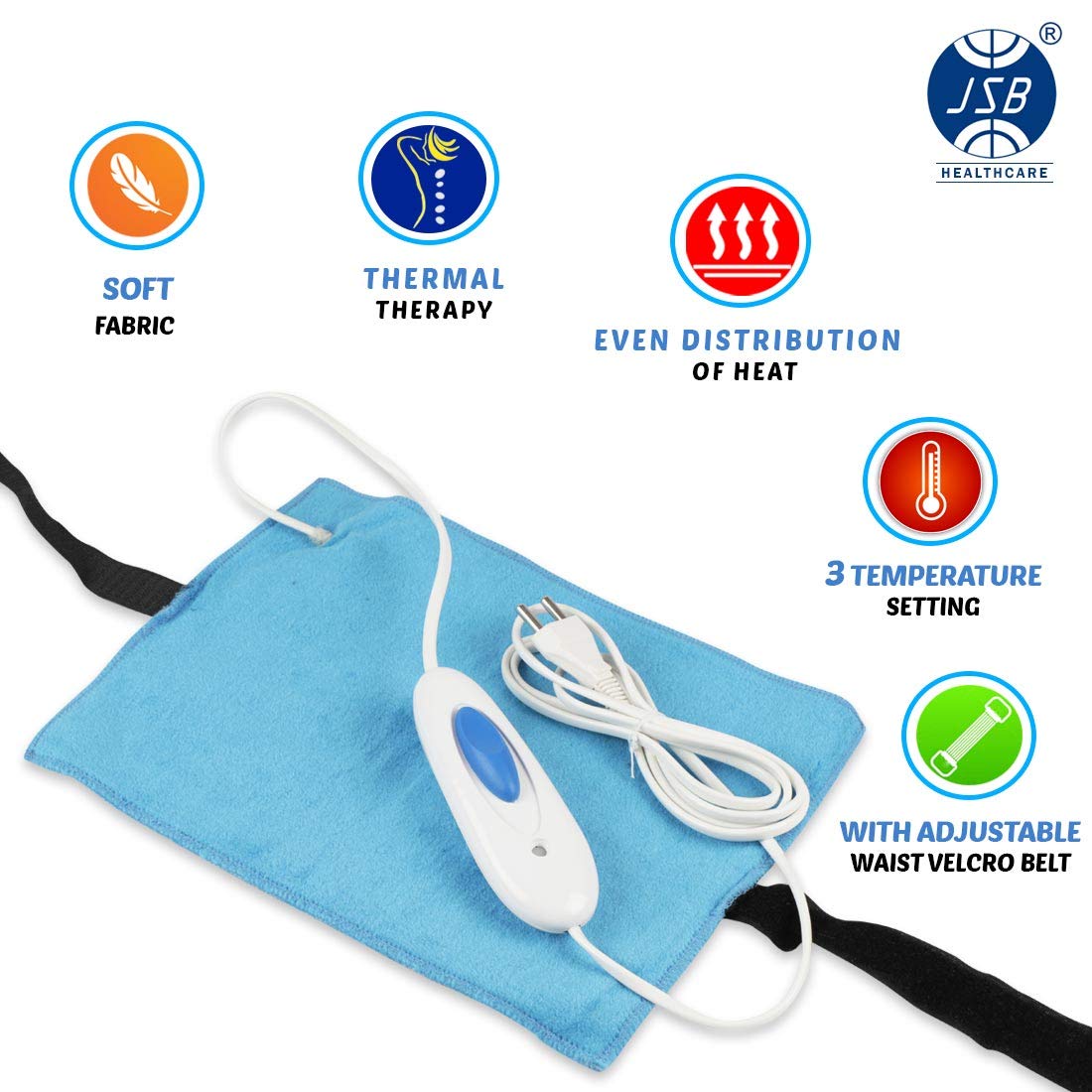 JSB H03 Electric Heating Pad for Period Cramps Back Pain Relief with Velcro Strap Handsfree Use Multipurpose for Back, Shoulder & Legs Pain Relief with Adjustable Temperature