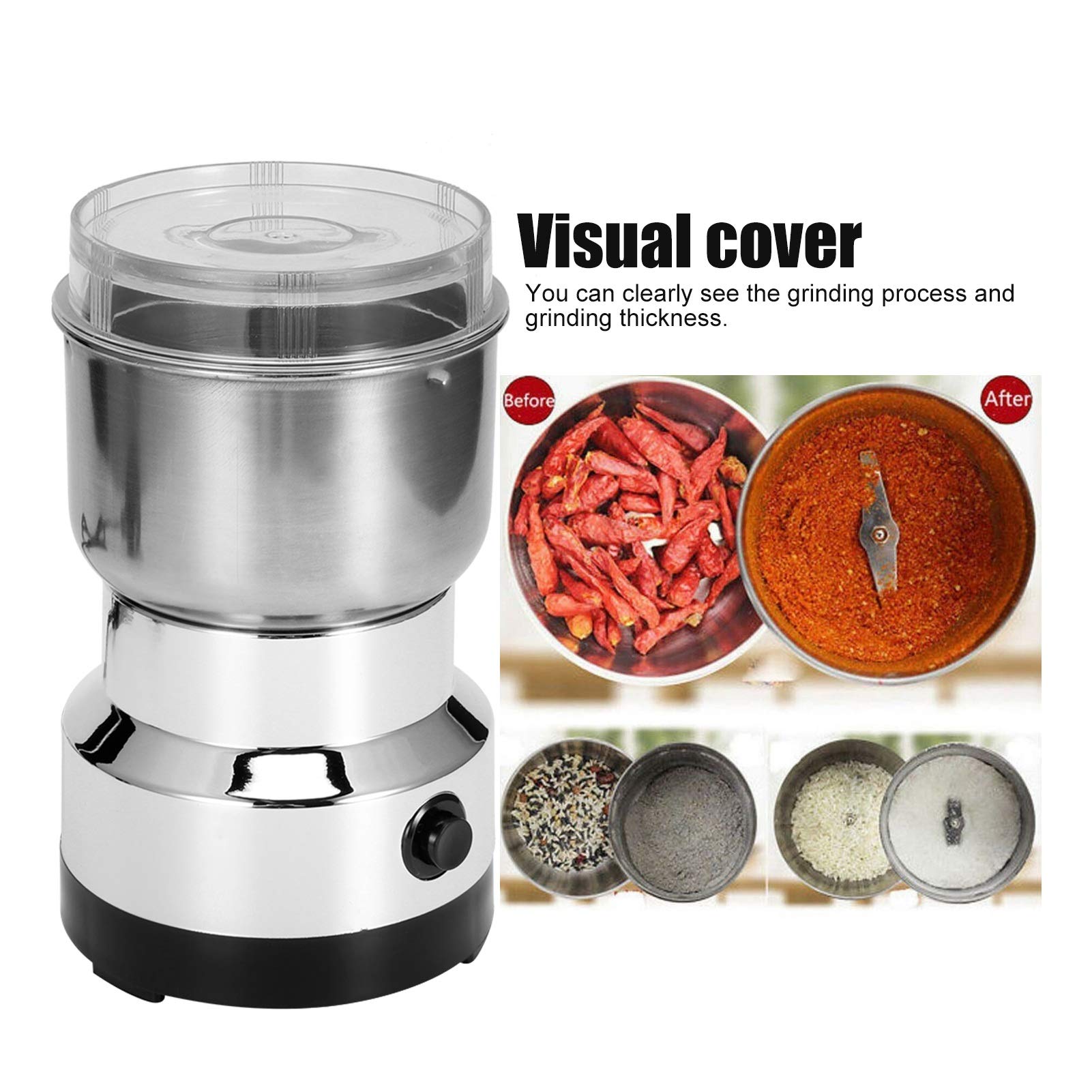 Electric Spice Grinder, Stainless Steel Coffee Nut Seed Herb Grinder Crusher Mill Blender Kitchen Tool for Home Travel(US Plug)