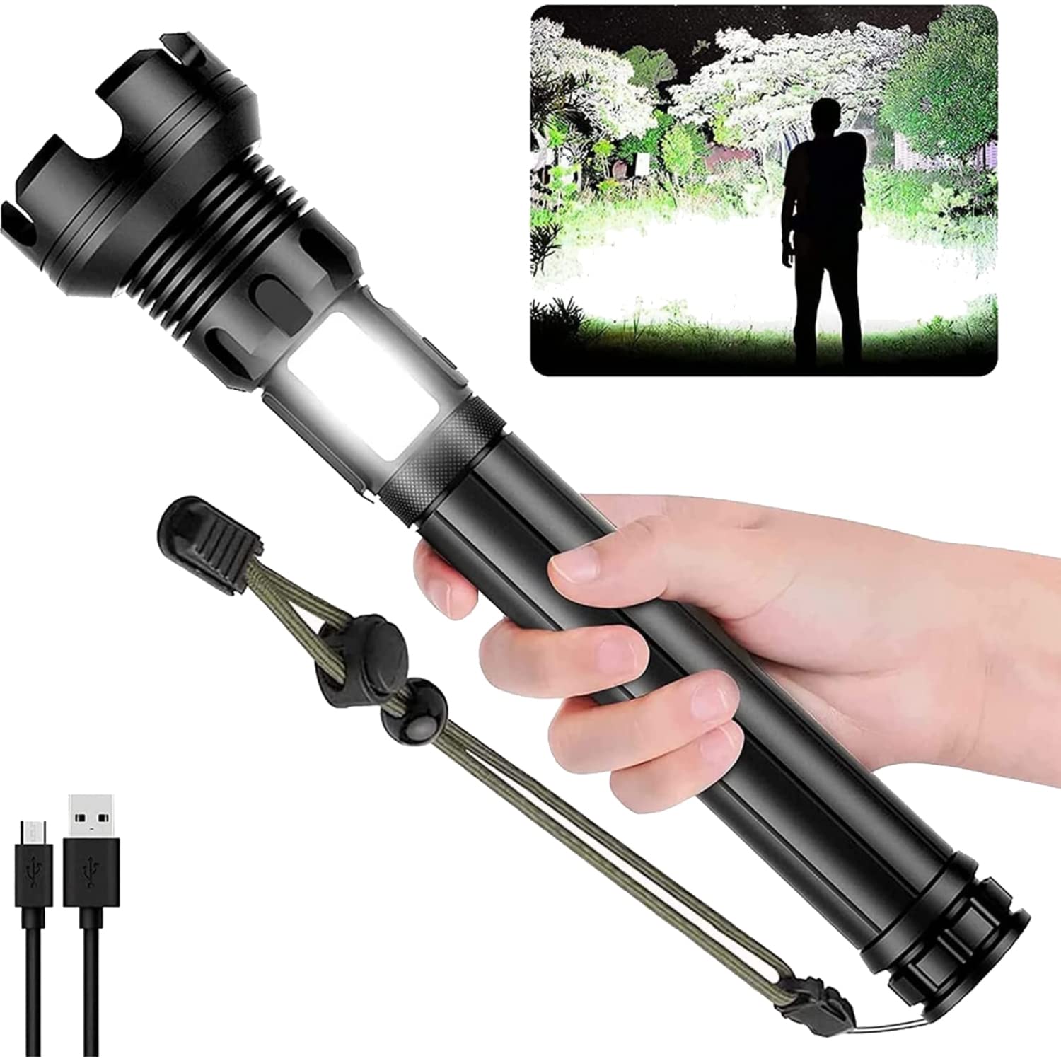 LED Rechargeable Tactical Laser Flashlight 70000 High Lumens Tactical Flashlight,P90 Brightest Flashlight with COB Sidelight,7 Modes,Powerful Emergency Waterproof Flashlight (with Battery)