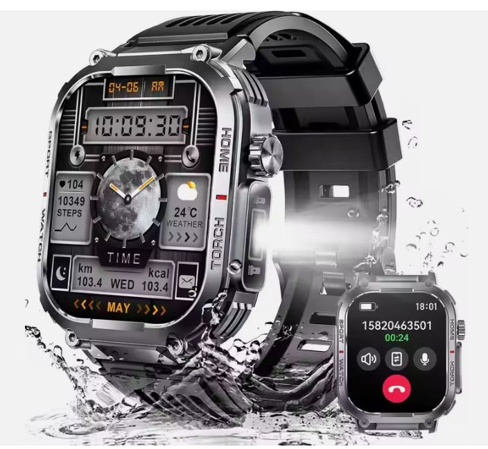 Military Smart Watch for Men 3ATM Waterproof with Call/LED Flashlight 2.02" HD Big Screen